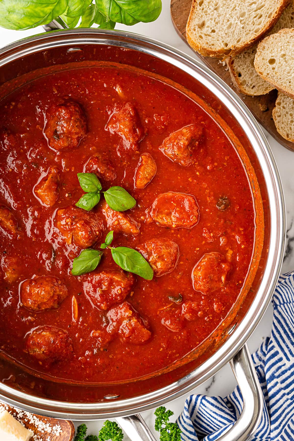 Overhead looking into a pot of Sunday Sauce. 