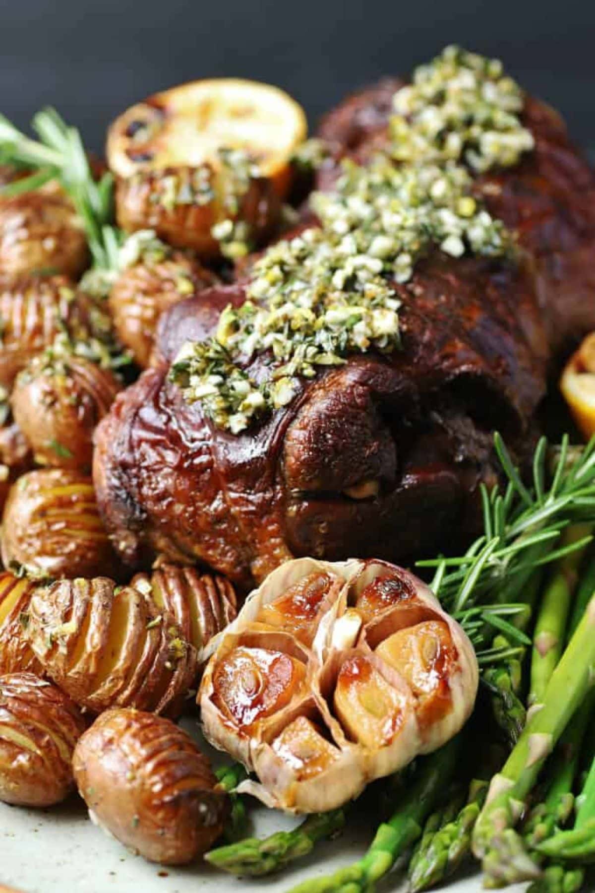 Lamb and potatoes on serving platter.