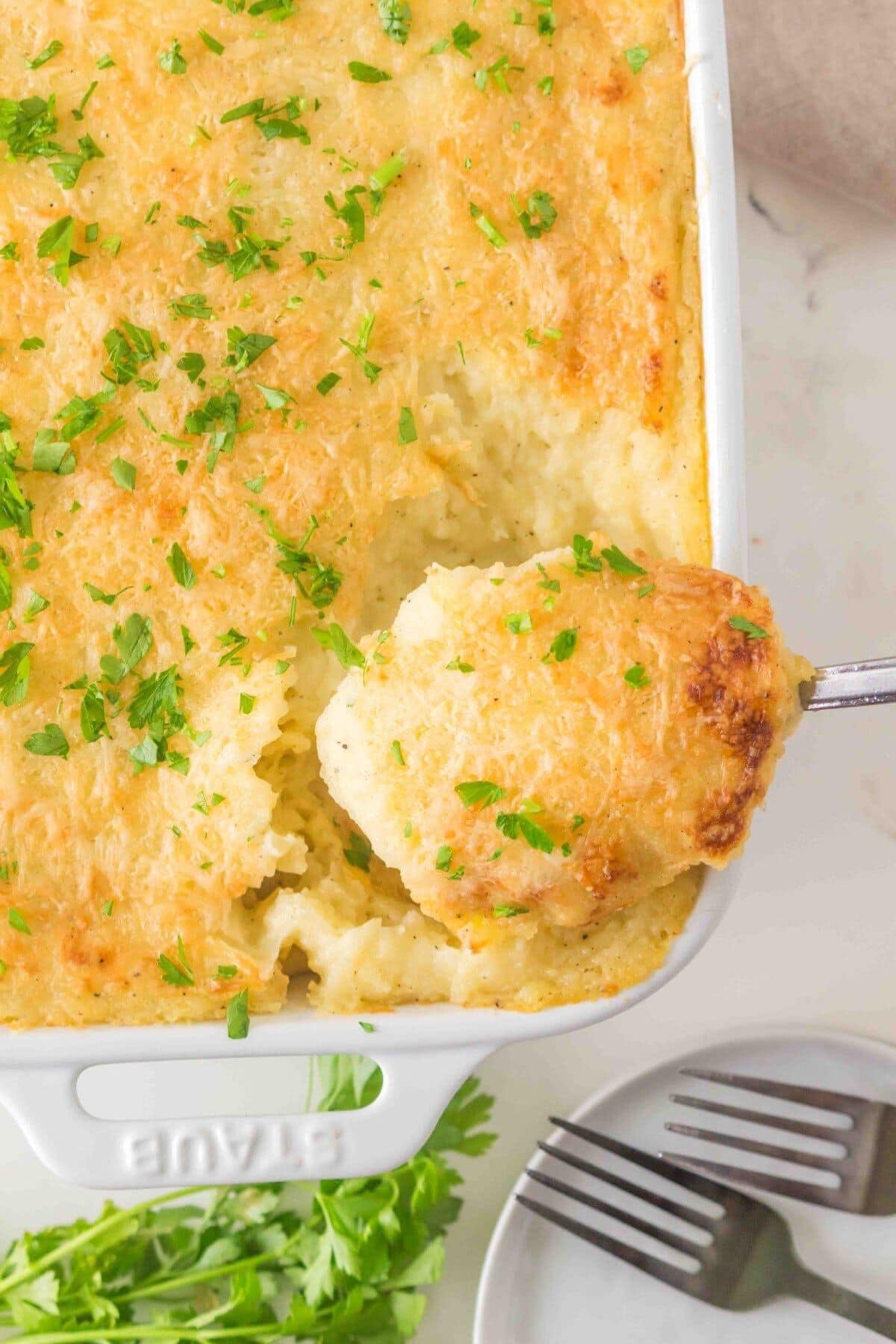 French mashed potatoes in casserole dish.