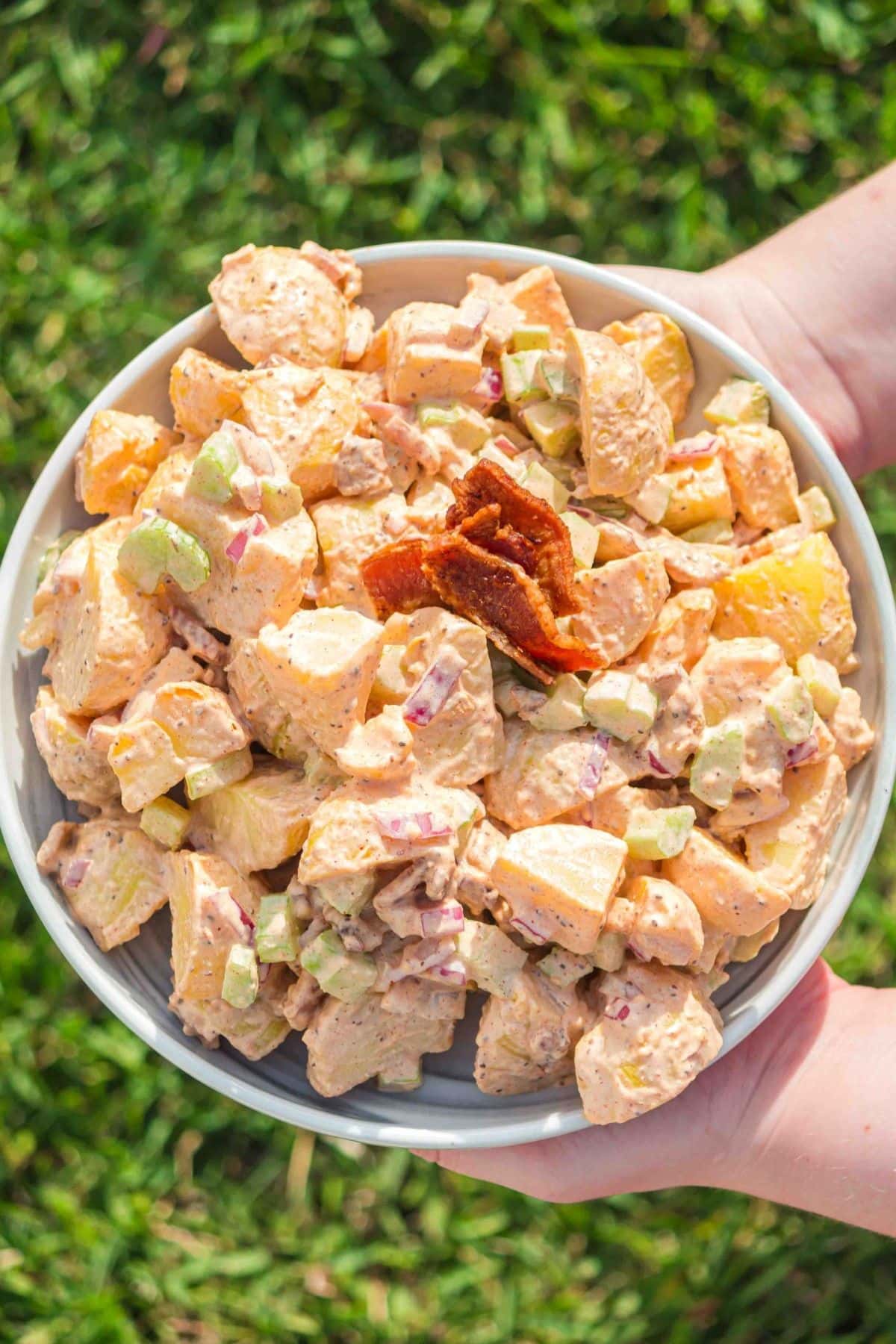 Bowl full of smoked potato salad.