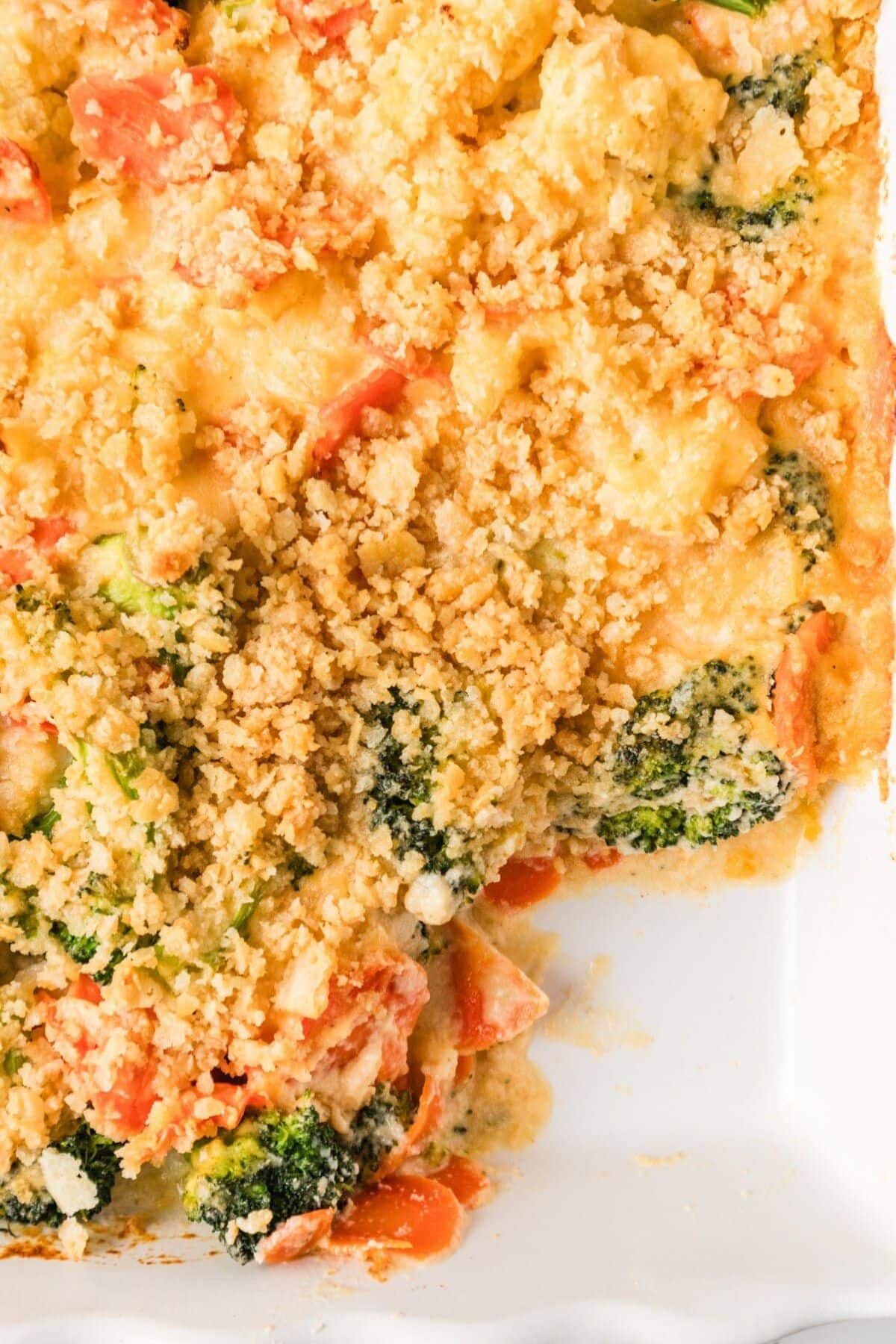 Vegetable casserole in baking dish.