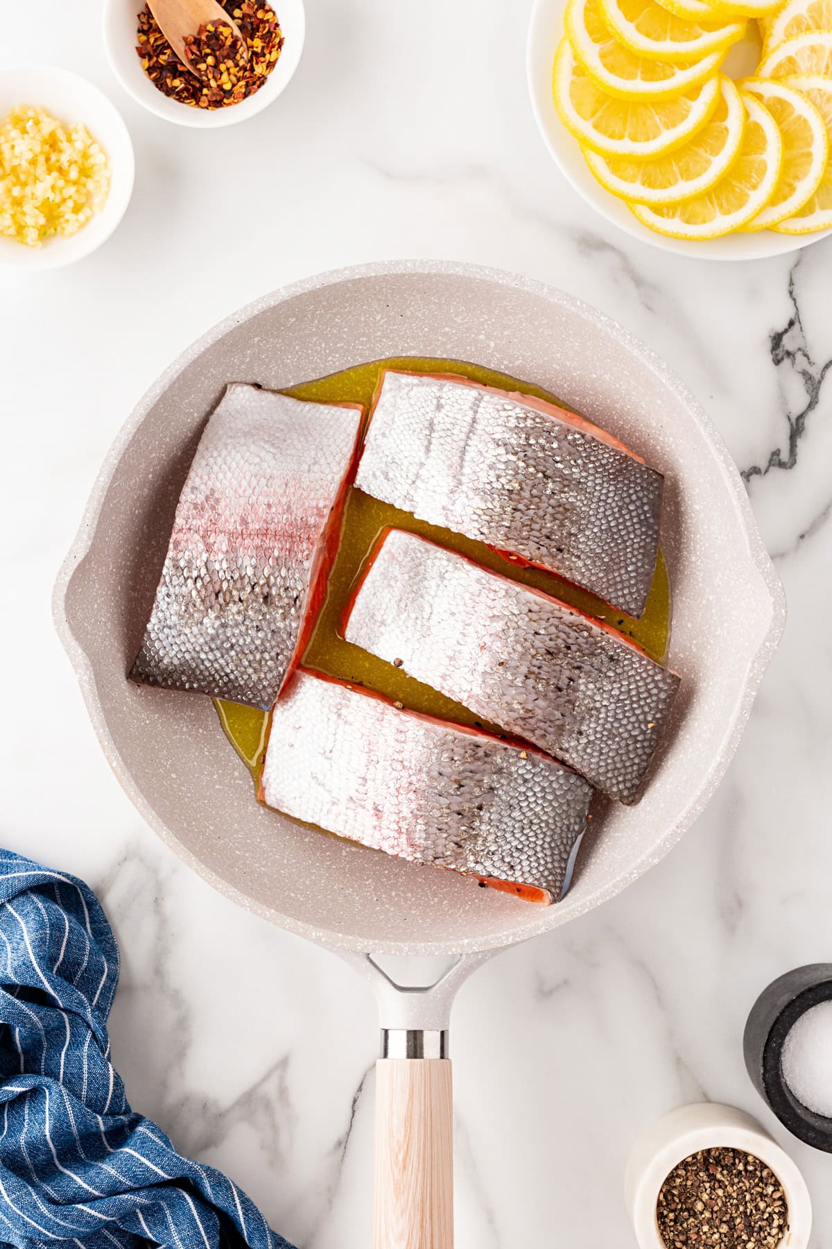 Skin side up in pan. 