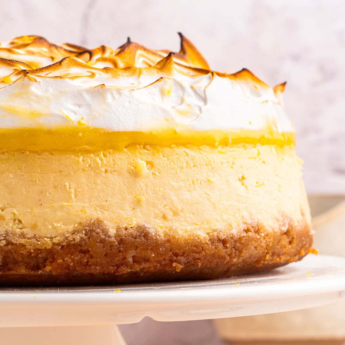 Close-up of a Lemon Meringue Cheesecake. 