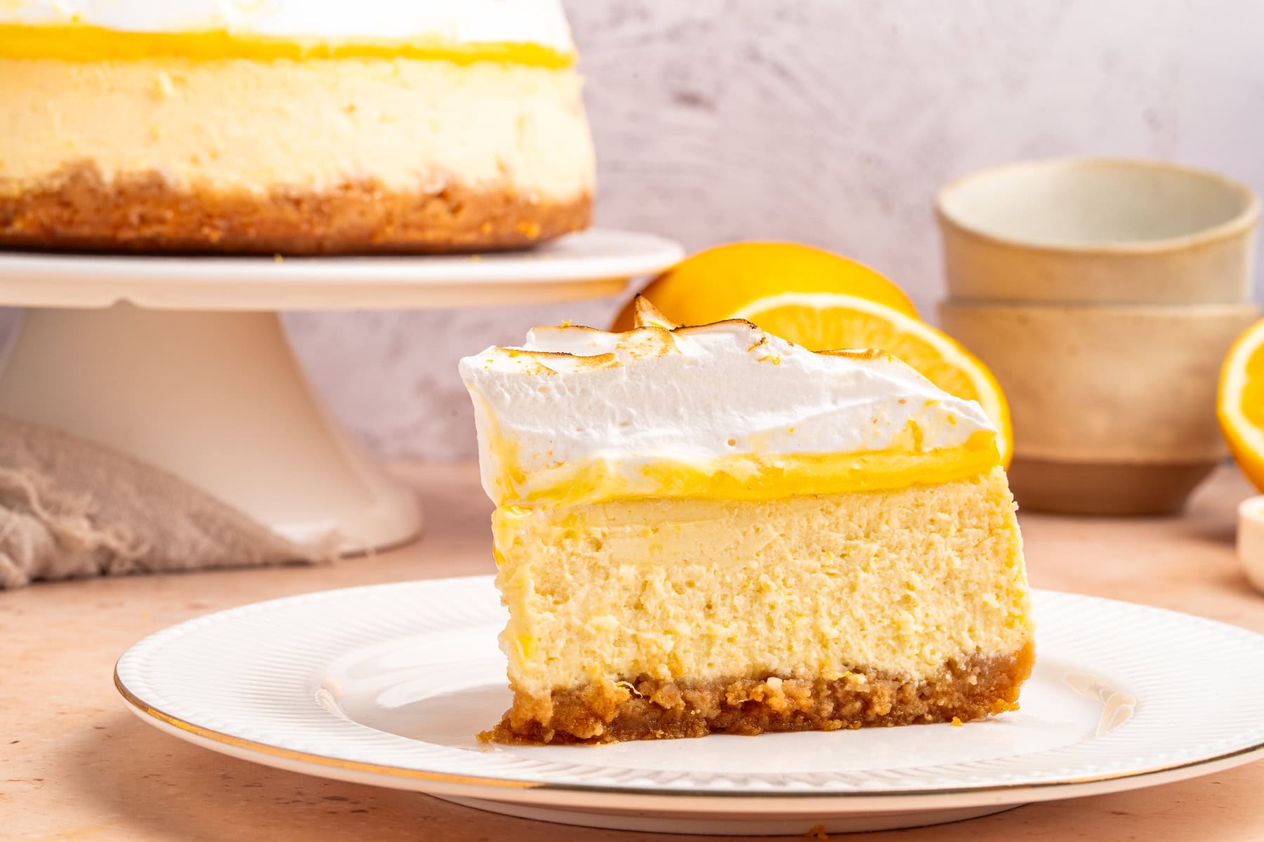 Slice of lemon meringue cheesecake.