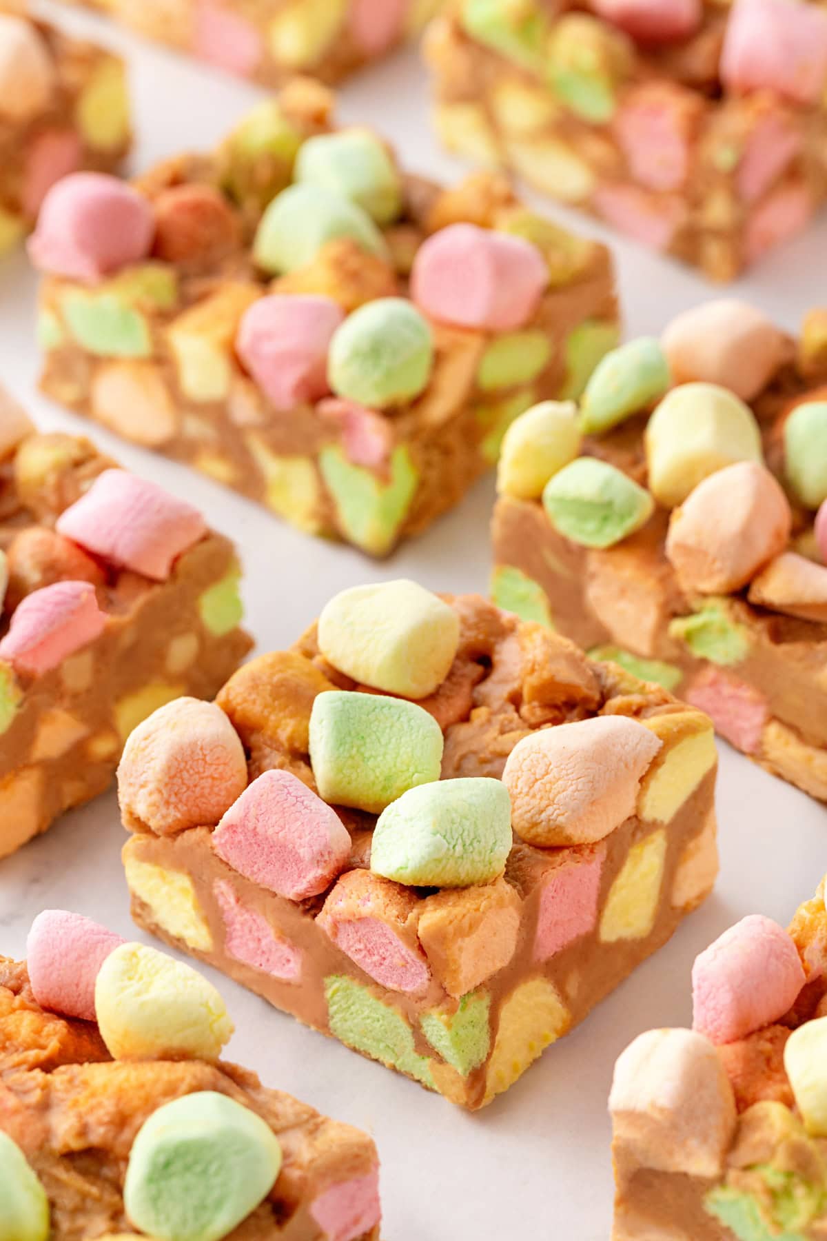 Close-up view of Peanut Butter Marshmallow Squares. 