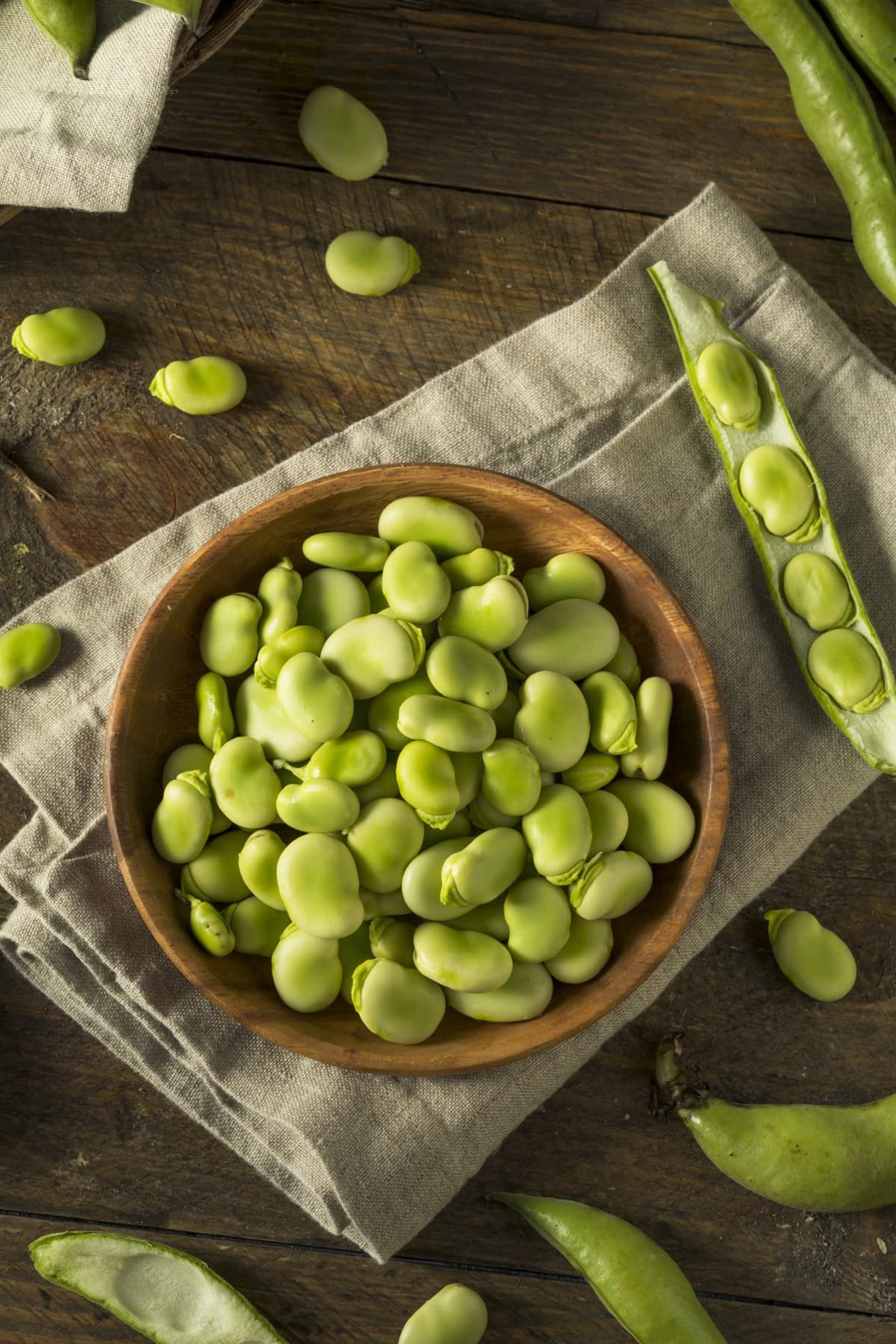 Fava Beans in a bowl from overhead. 