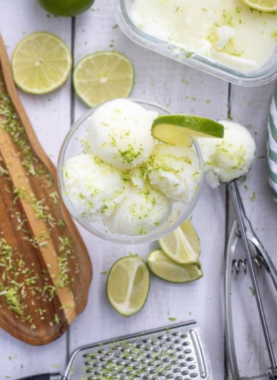 Overhead shot of Lime Sherbet in a glass.