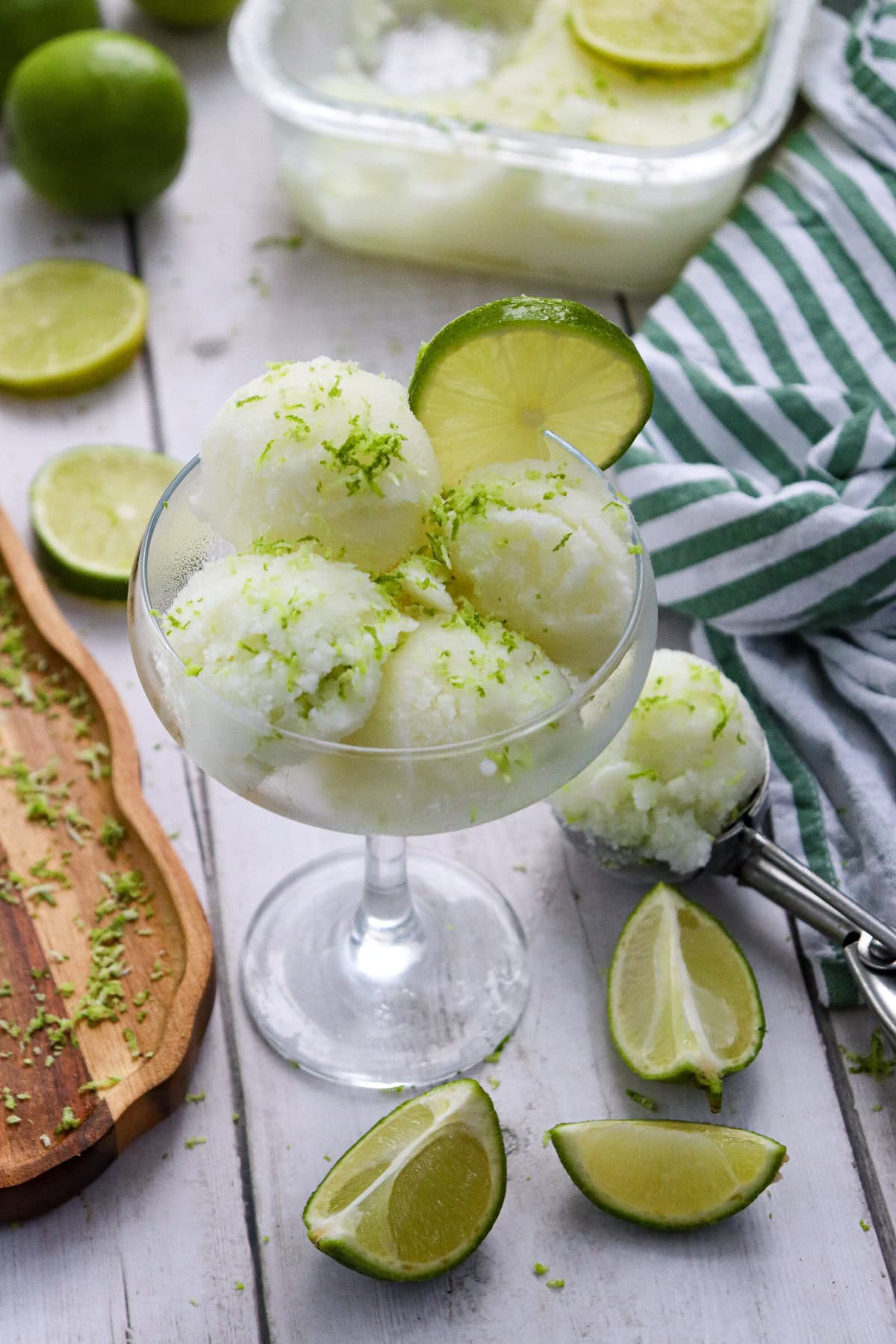 Lime sherbet in a glass.