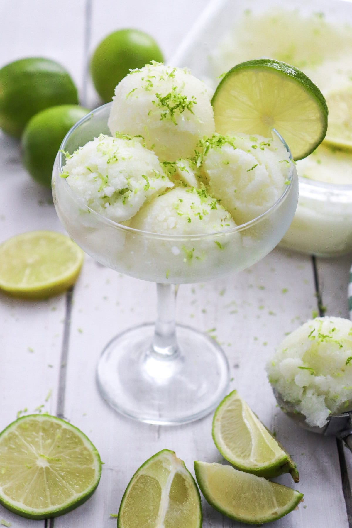 Homemade Lime Sherbet in a glass.