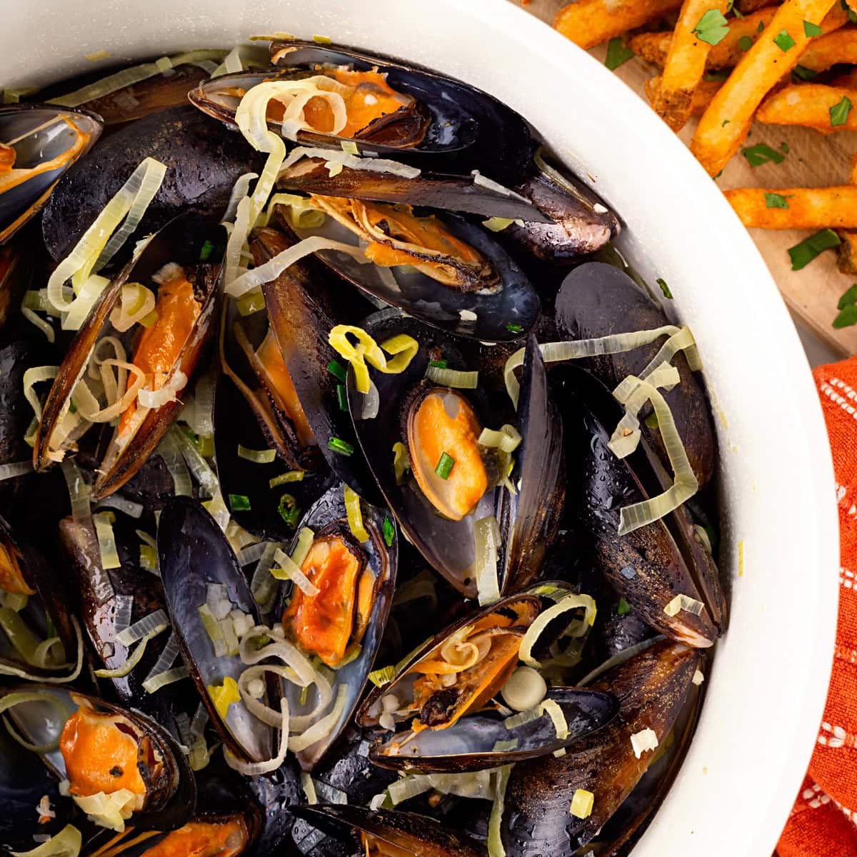 Overhead of Mussels in White Wine Sauce. 