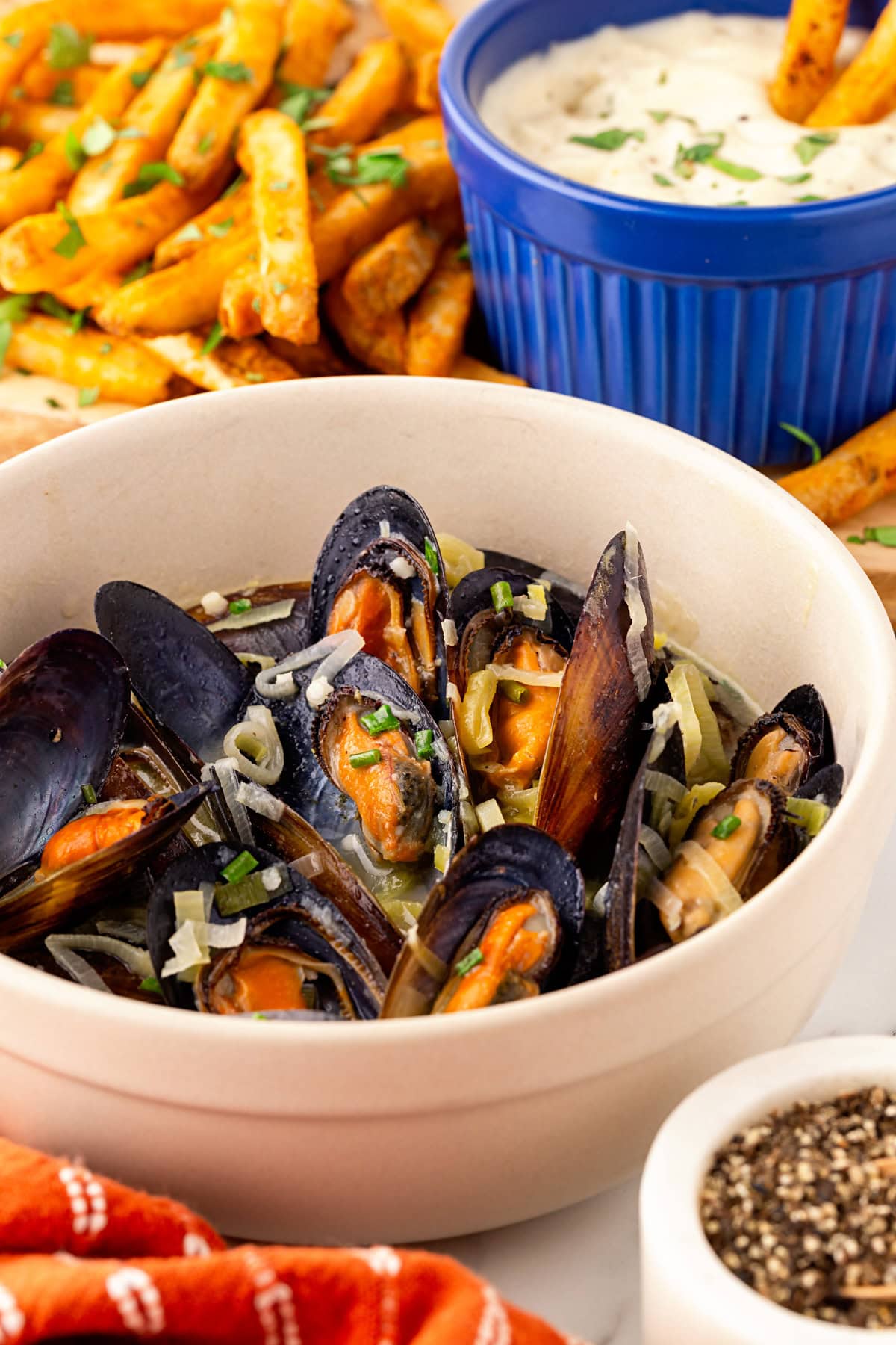 Mussels with fries and aioli. 