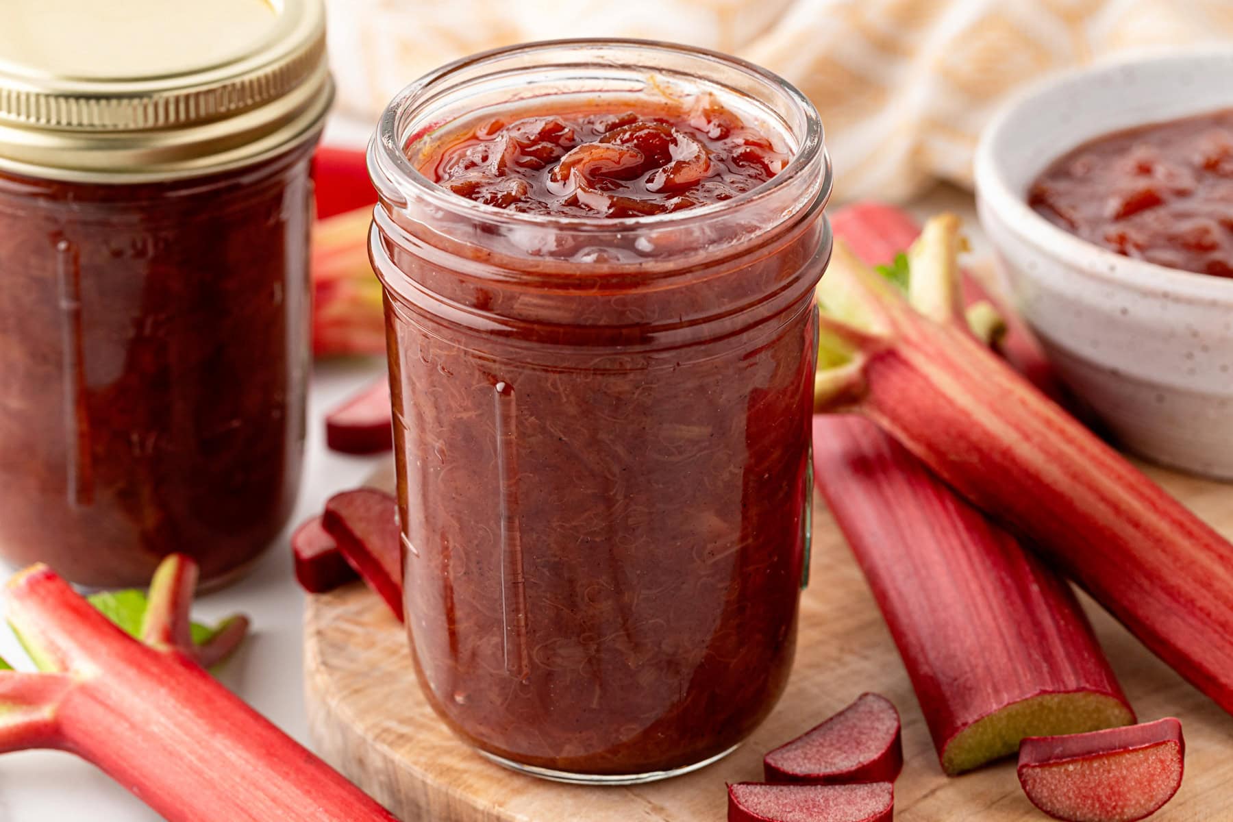 Open jar of rhubarb chutney.