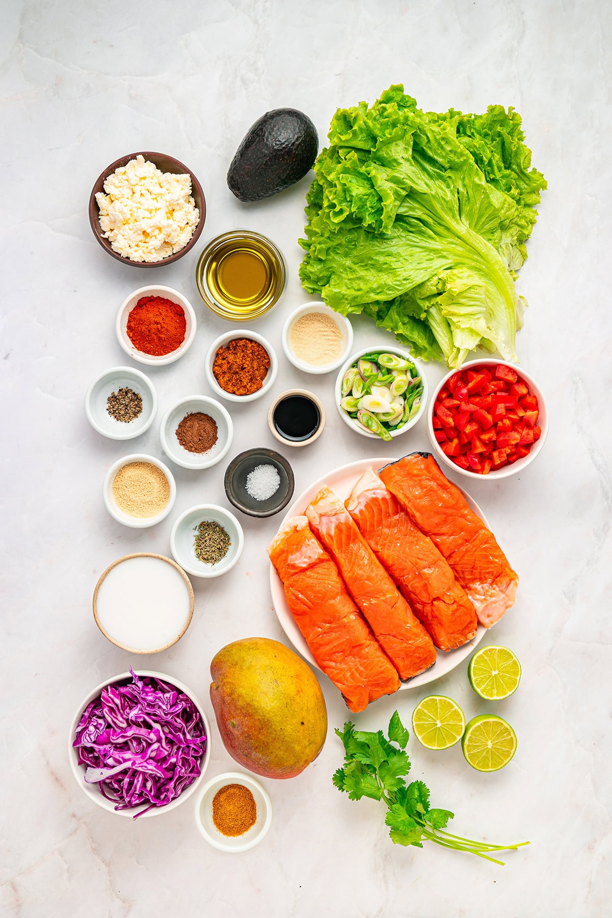 Salmon cobb salad ingredients.