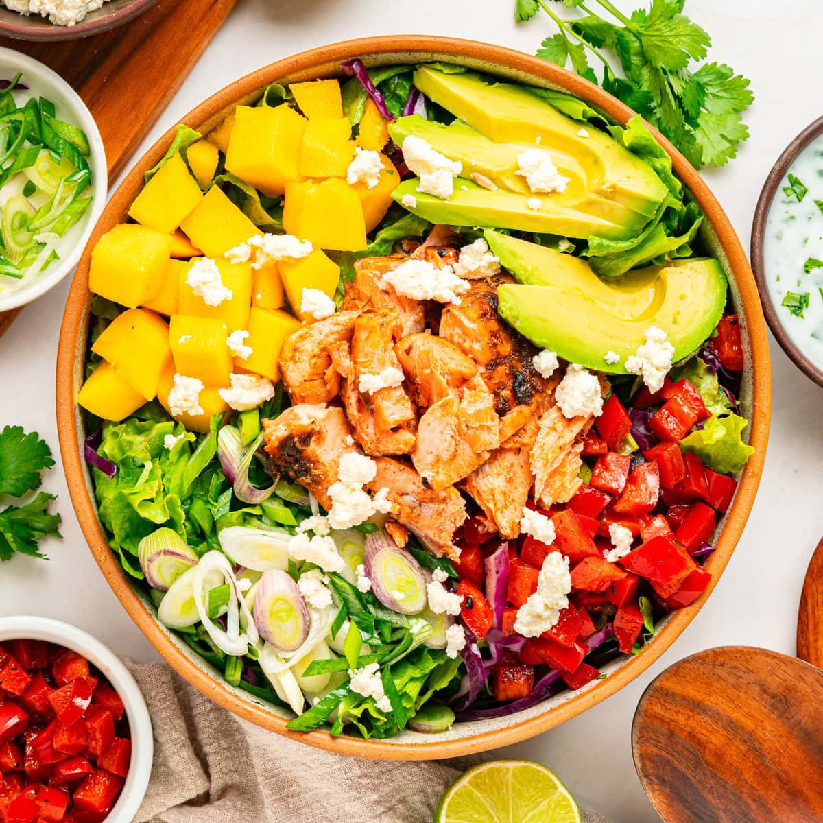 Overhead of Salmon Cobb Salad. 