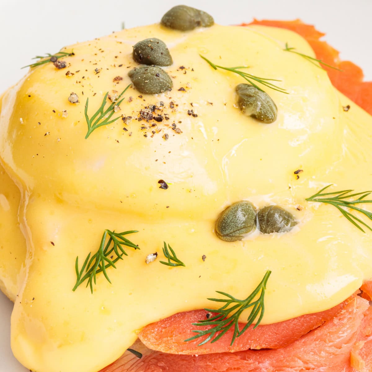 Close-up of Smoked Salmon Eggs Benedict.