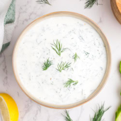 Overhead of dressing in a bowl.