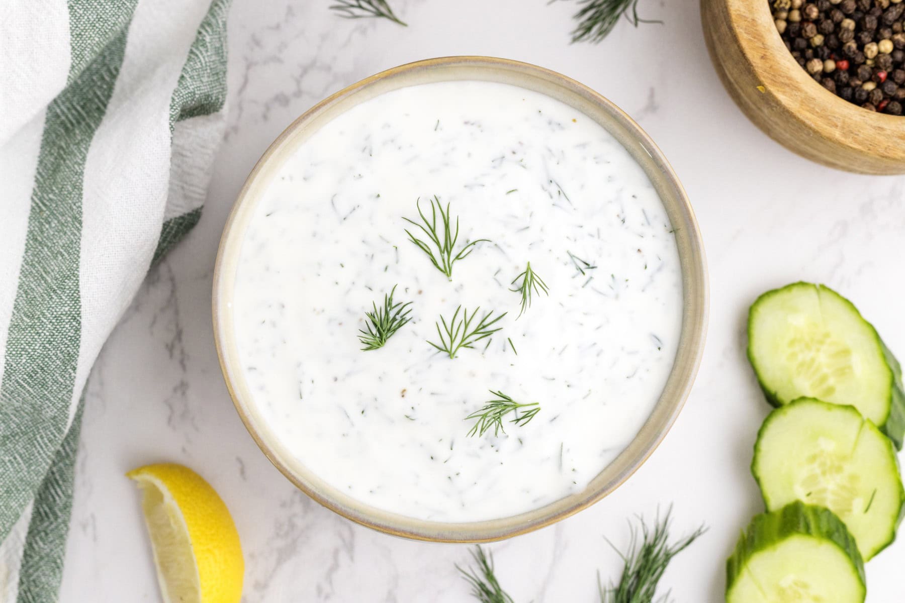 Horizontal shot, overhead of Yogurt Dill Dressing. 