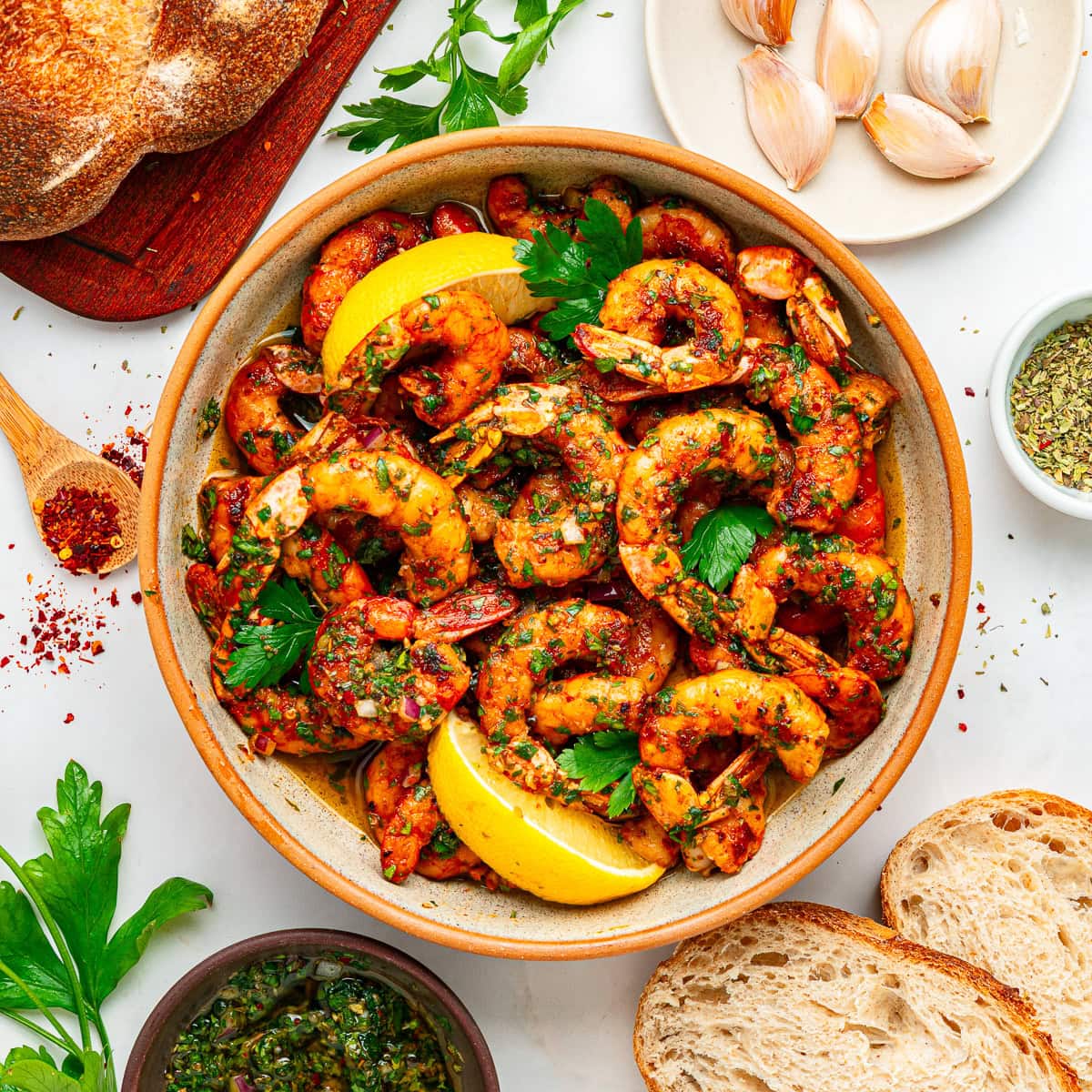 Chimichurri Shrimp in a dish from overhead. 