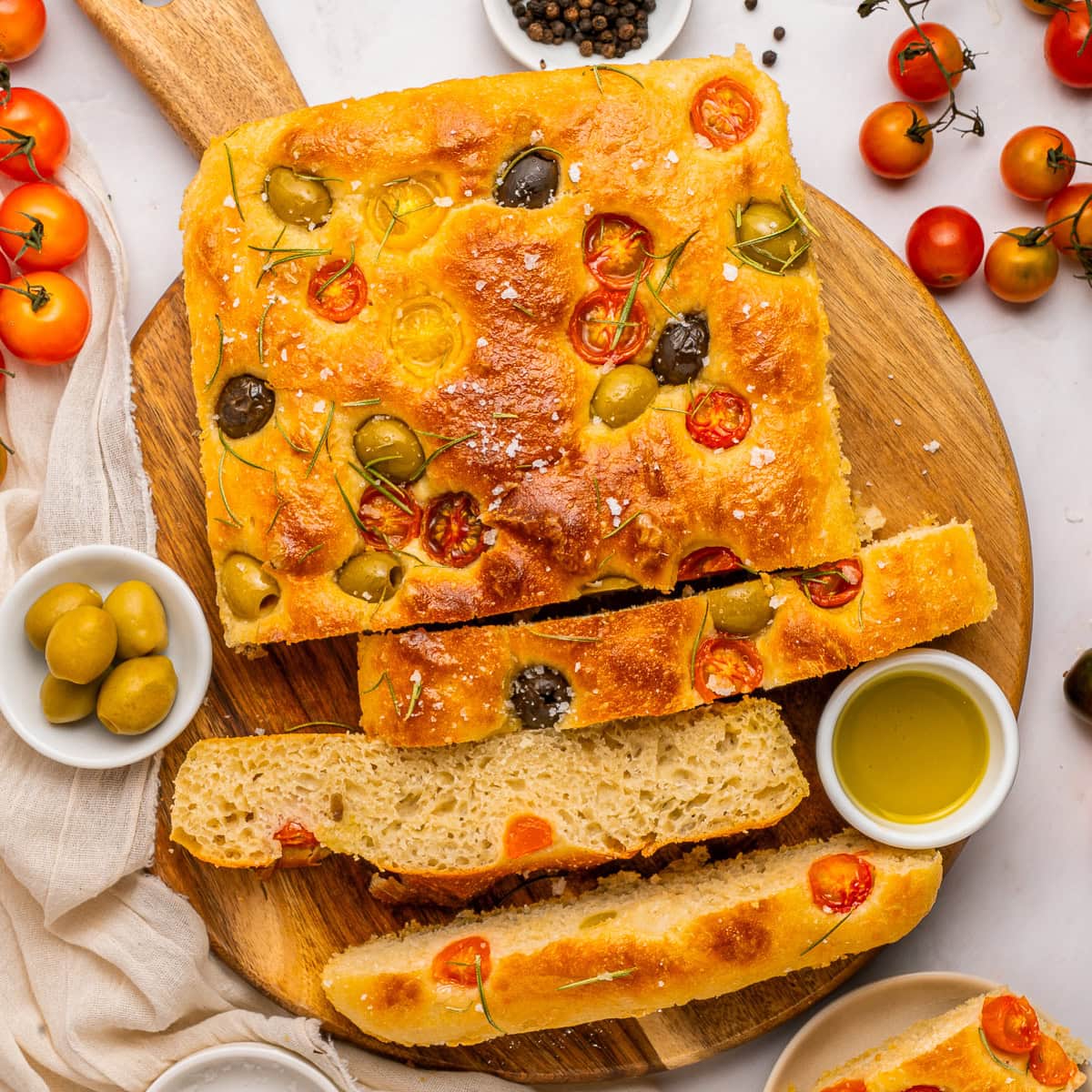 Focaccia Recipe on a board sliced.