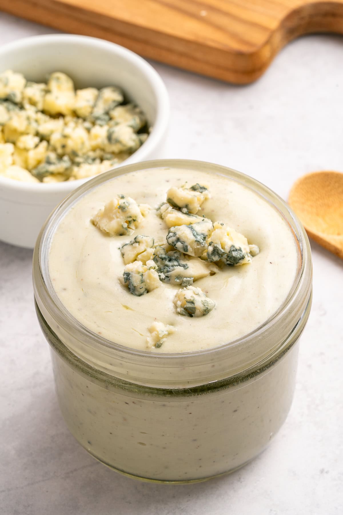 Blue cheese dressing in a jar.