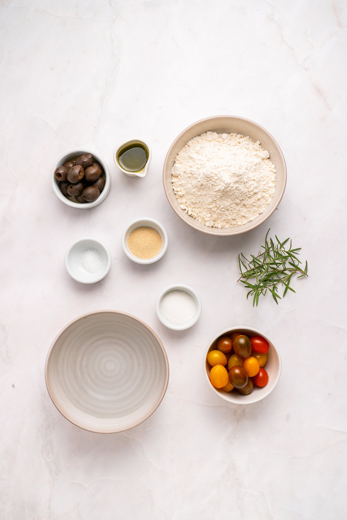 Focaccia recipe ingredients.