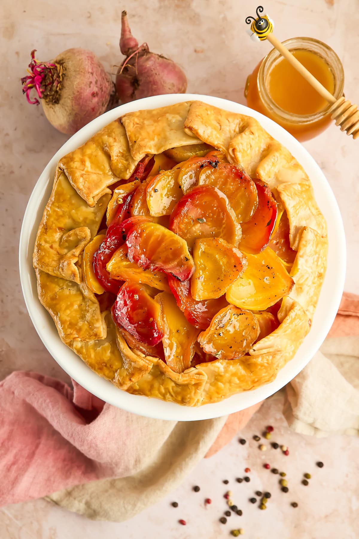 Finished overhead shot of a beet crostata.
