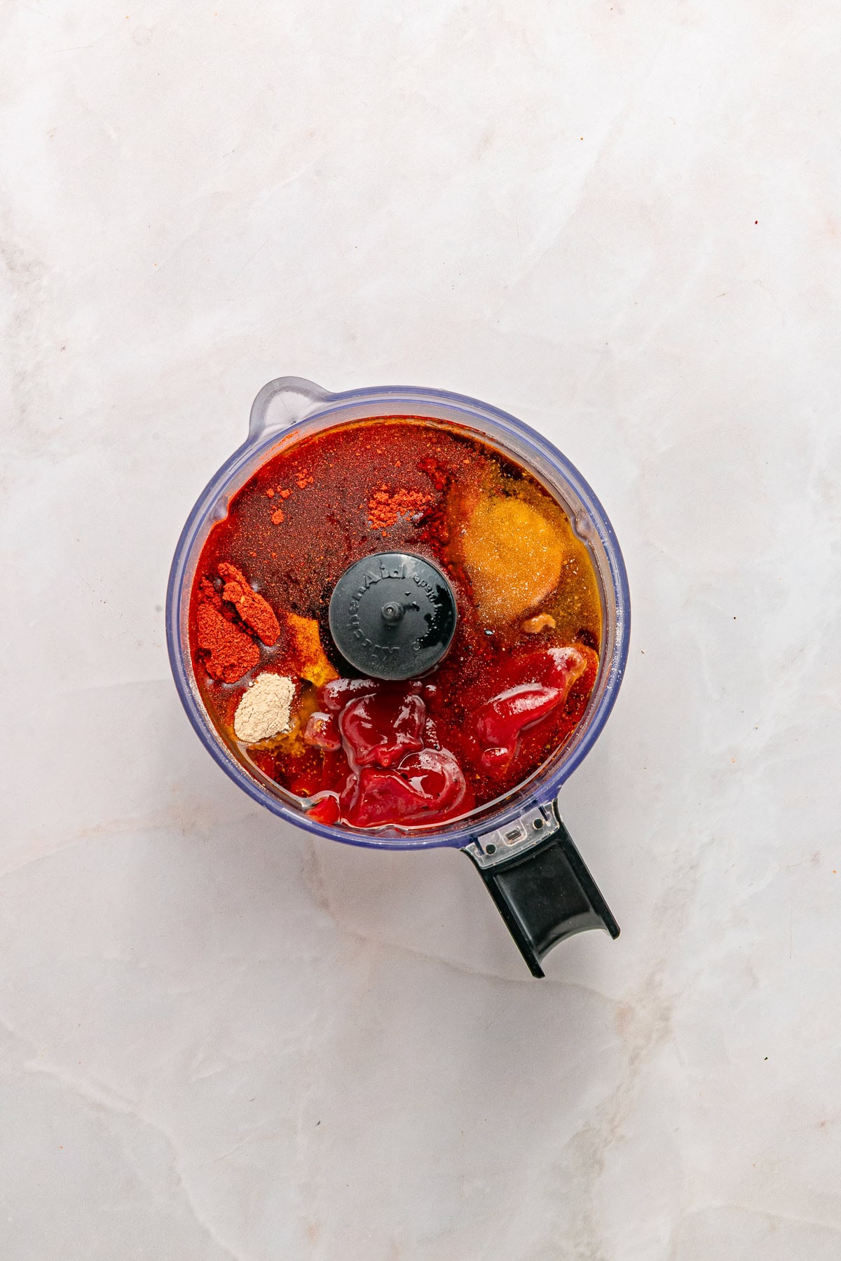 Ingredients in a food processor. 