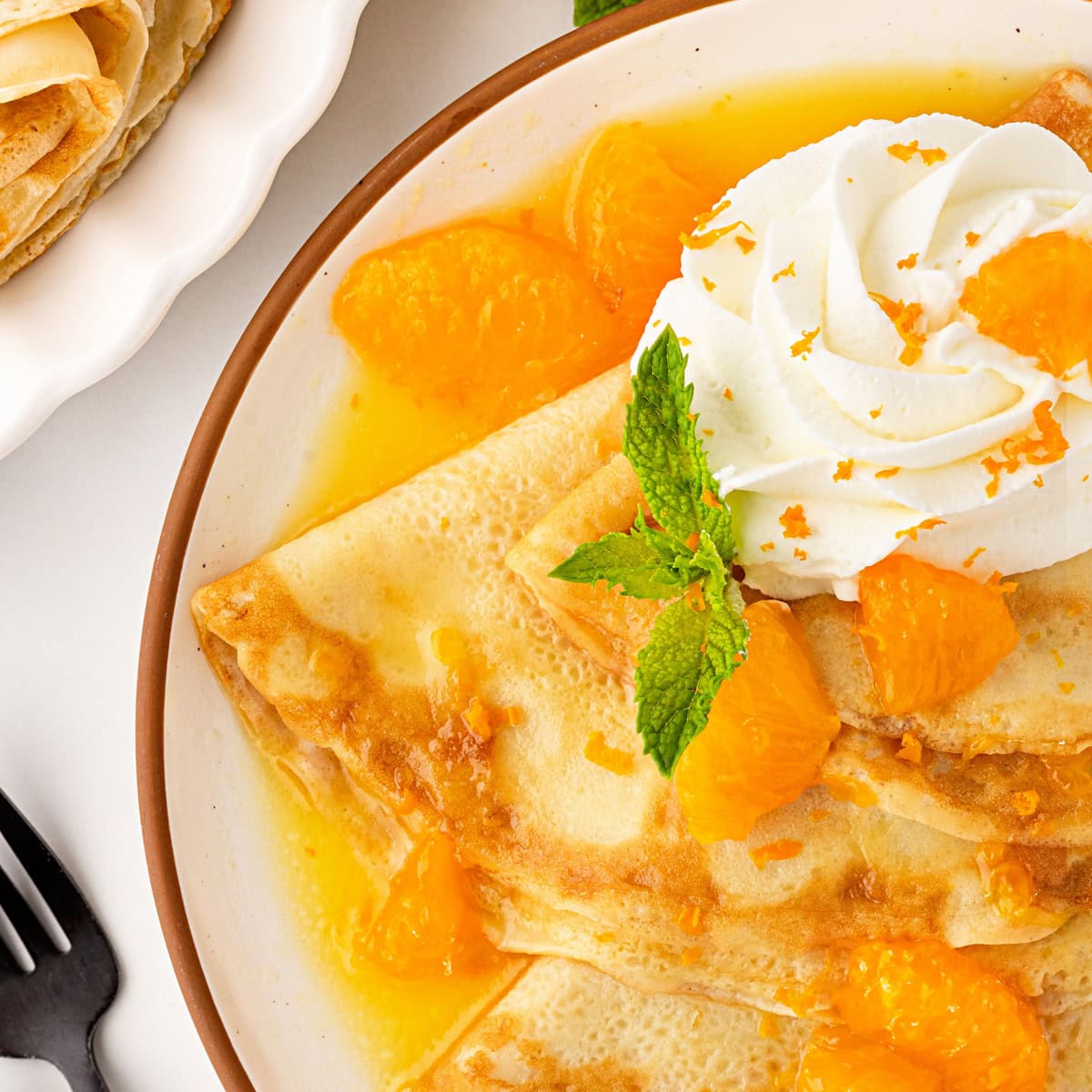 Close-up of a plate of Crepes Suzette.