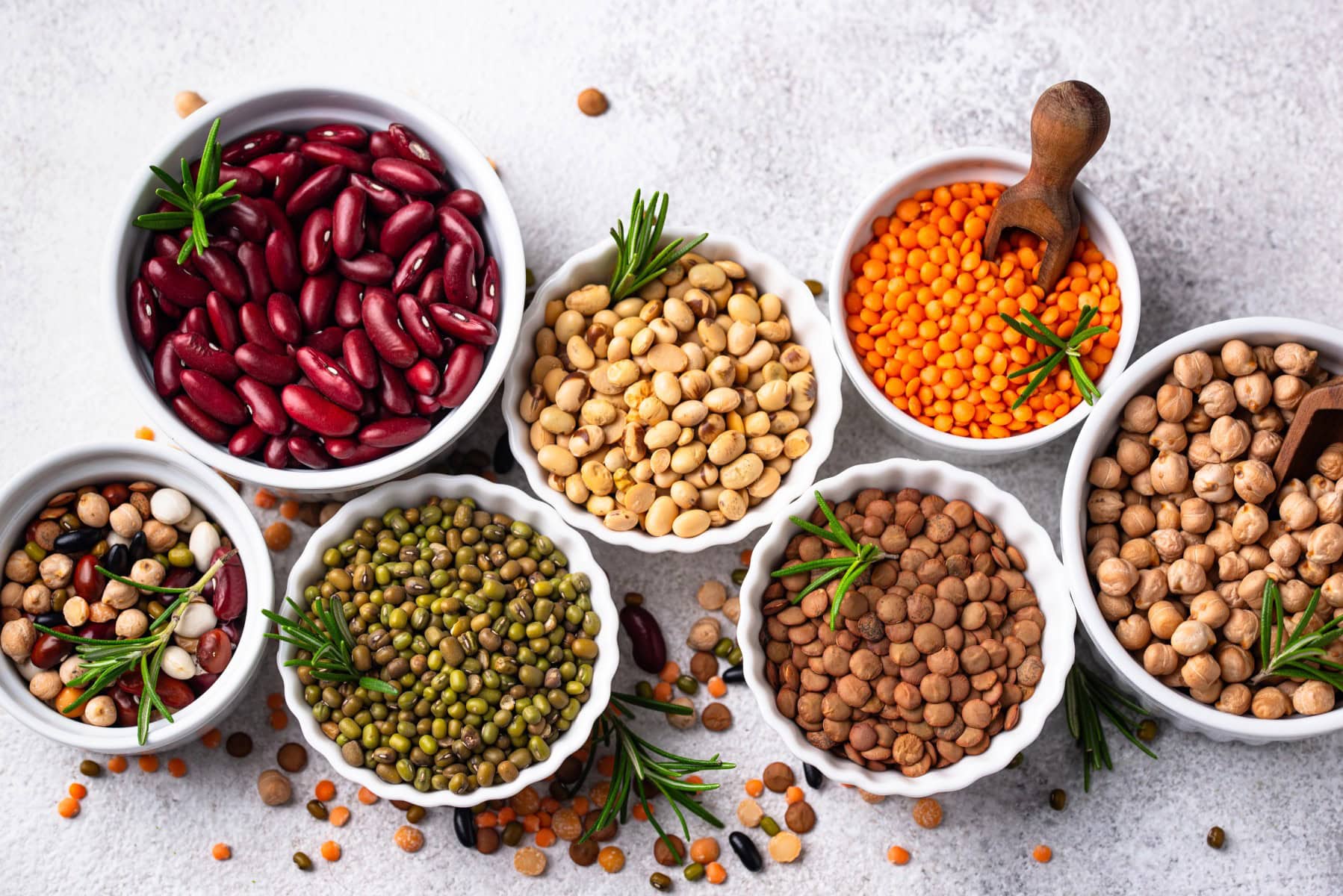 Legumes in bowls.