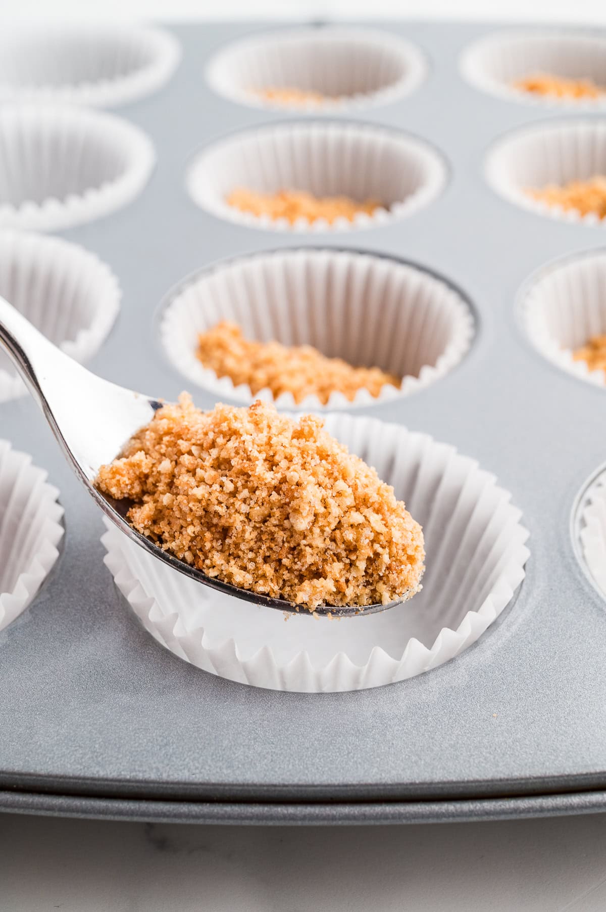 Adding waffle crumbs. 