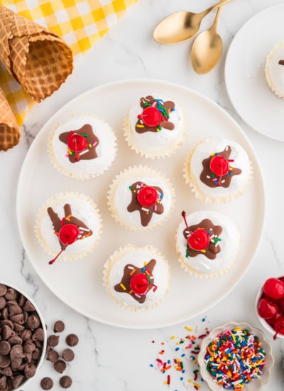 Ice cream cakes overhead on a plate.