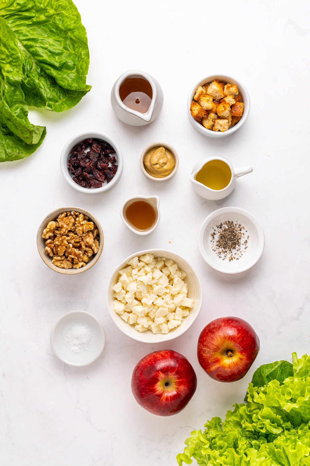 Apple and walnut salad ingredients.