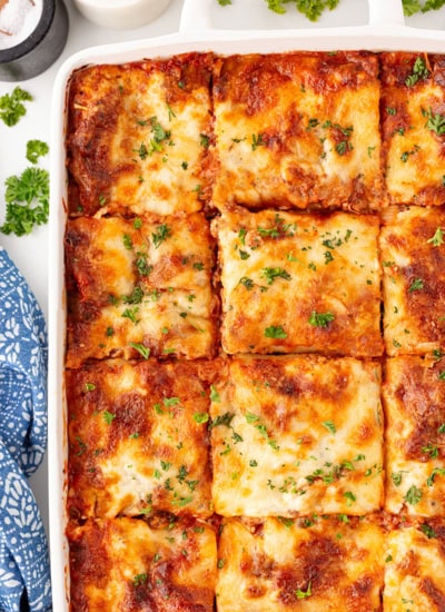 Lasagna cut into squares.