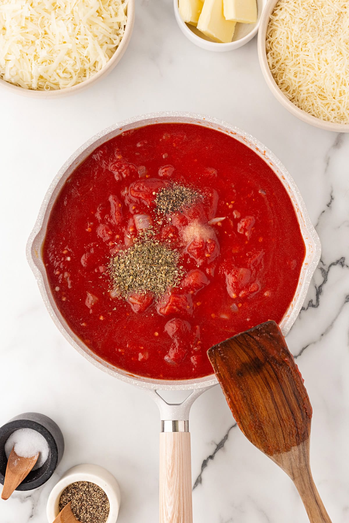 Spices added to tomatoes.
