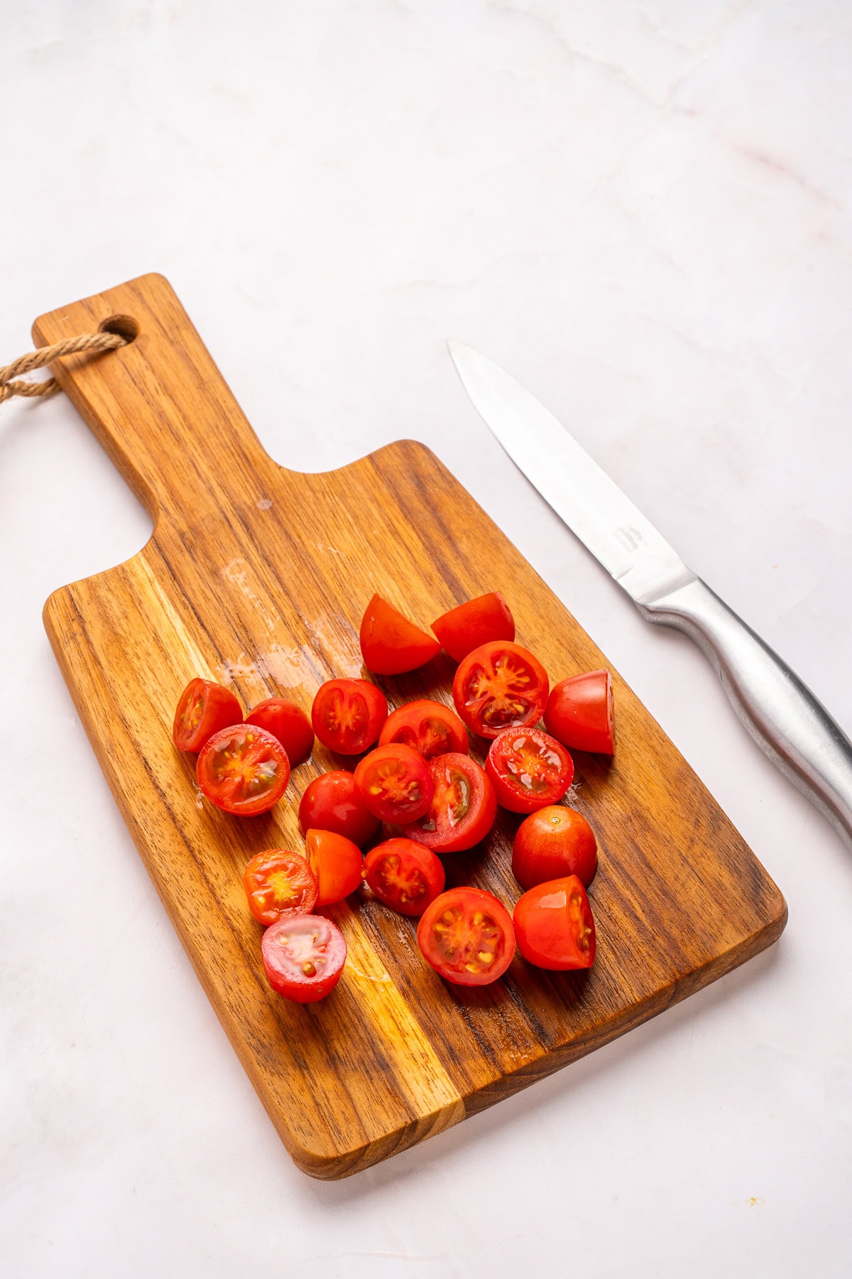 Halved cherry tomatoes.