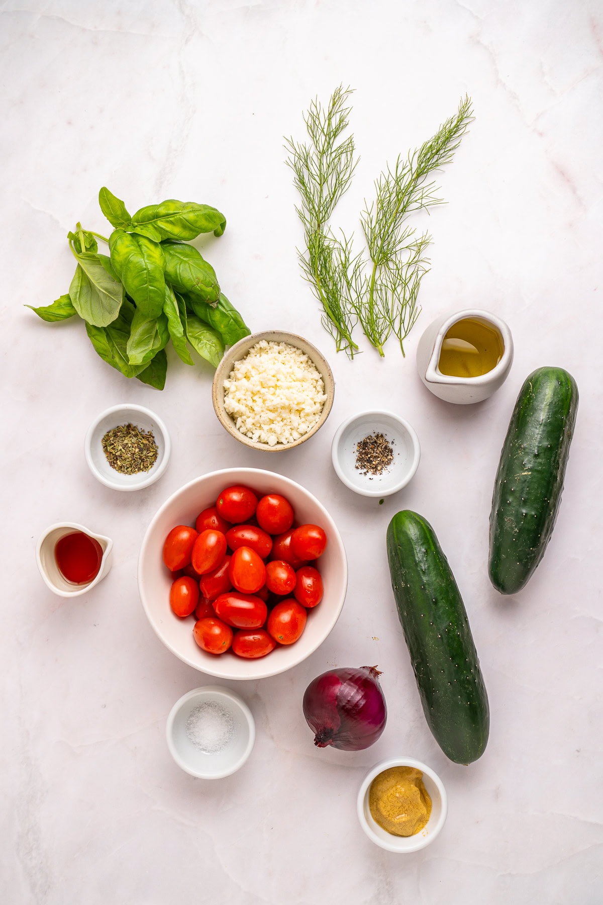 Tomato cucumber onion salad ingredients.
