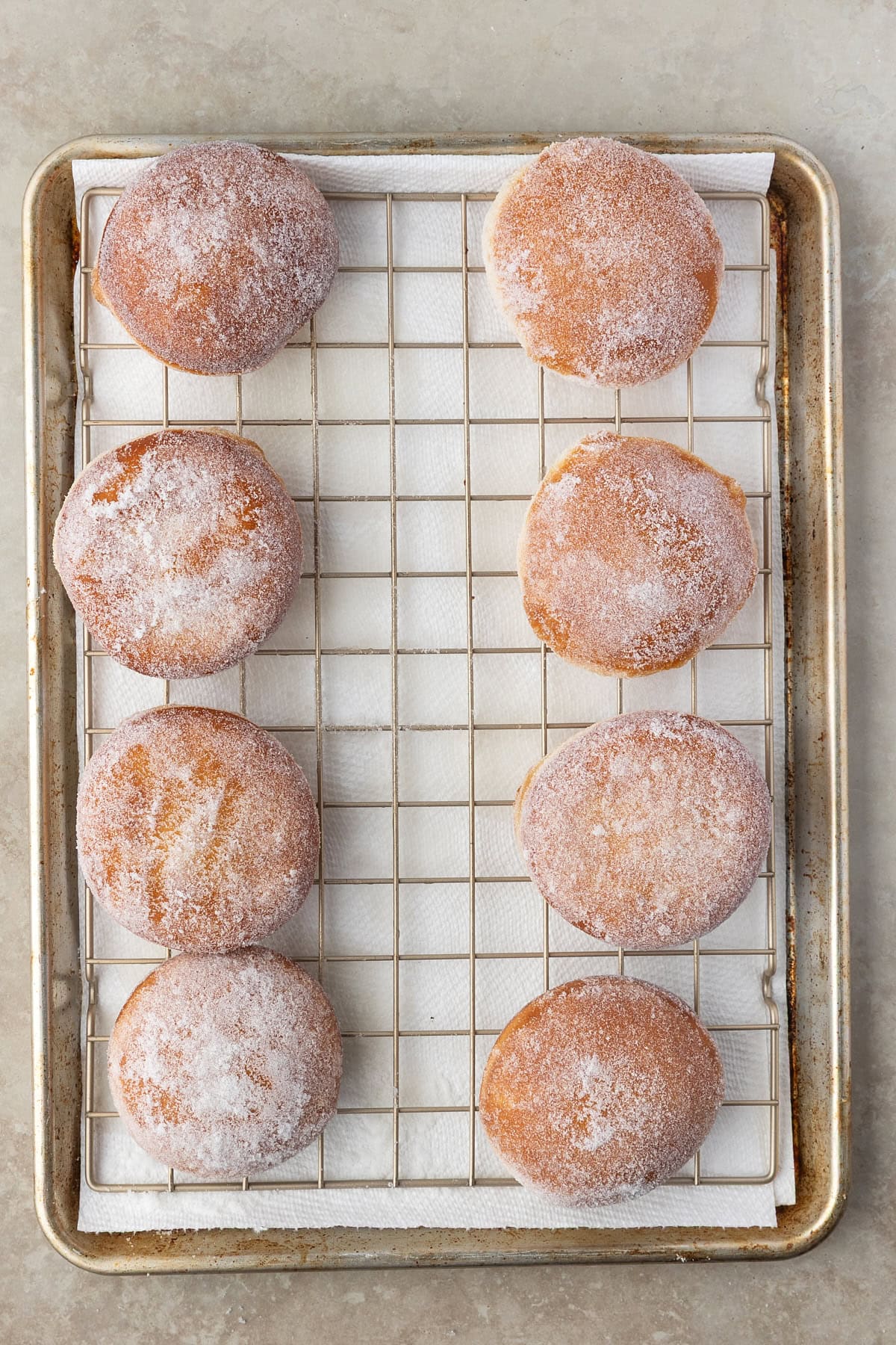 Finished sugar donuts. 