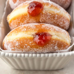 Close-up of Bismark Donuts.