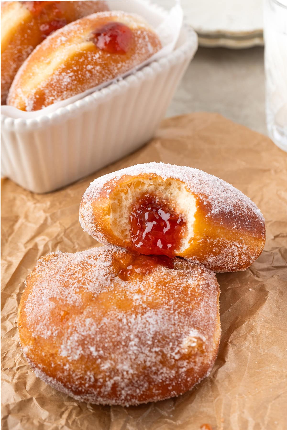 A donut resting on another. 