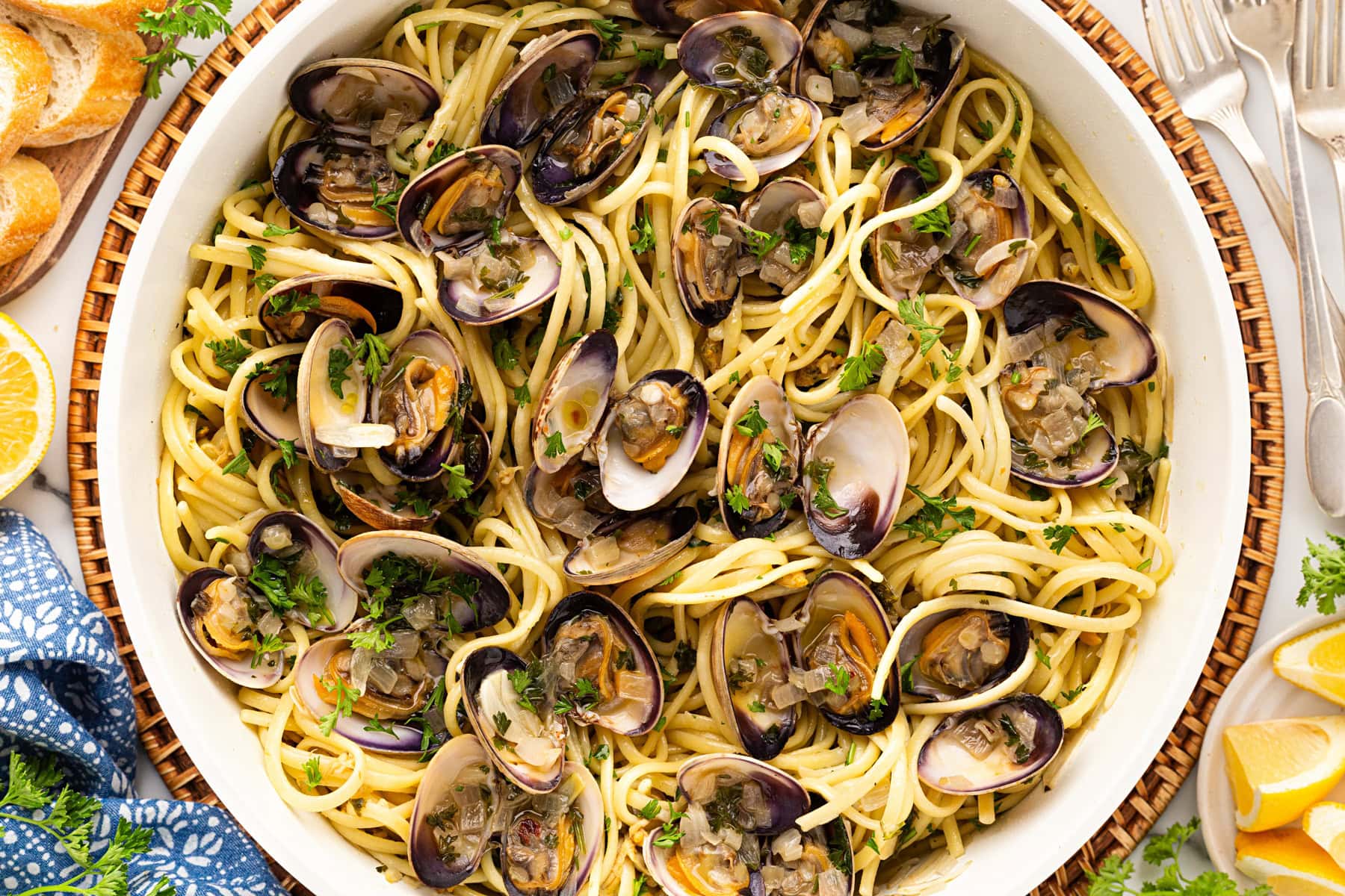 Overhead large bowl of Clam Linguine Pasta. 