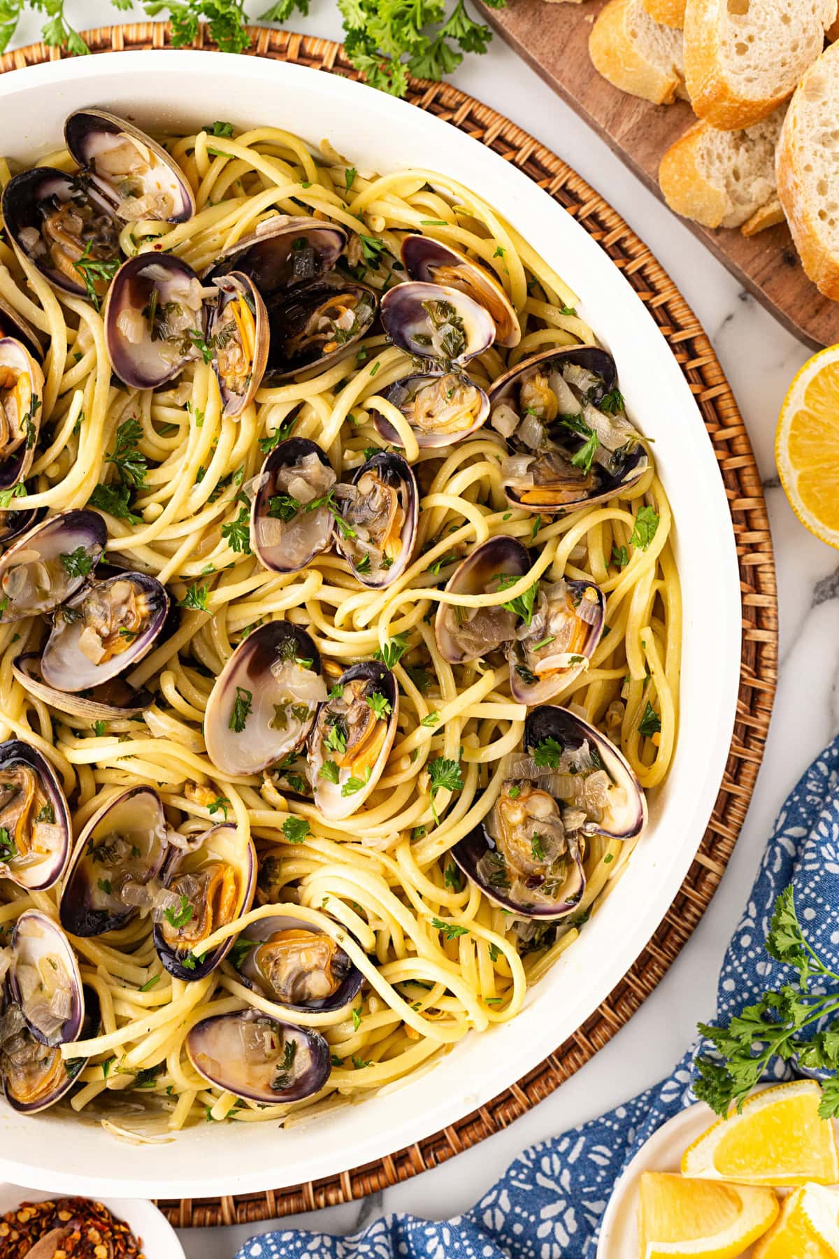Partial bowl of Clam Linguine Pasta from overhead.
