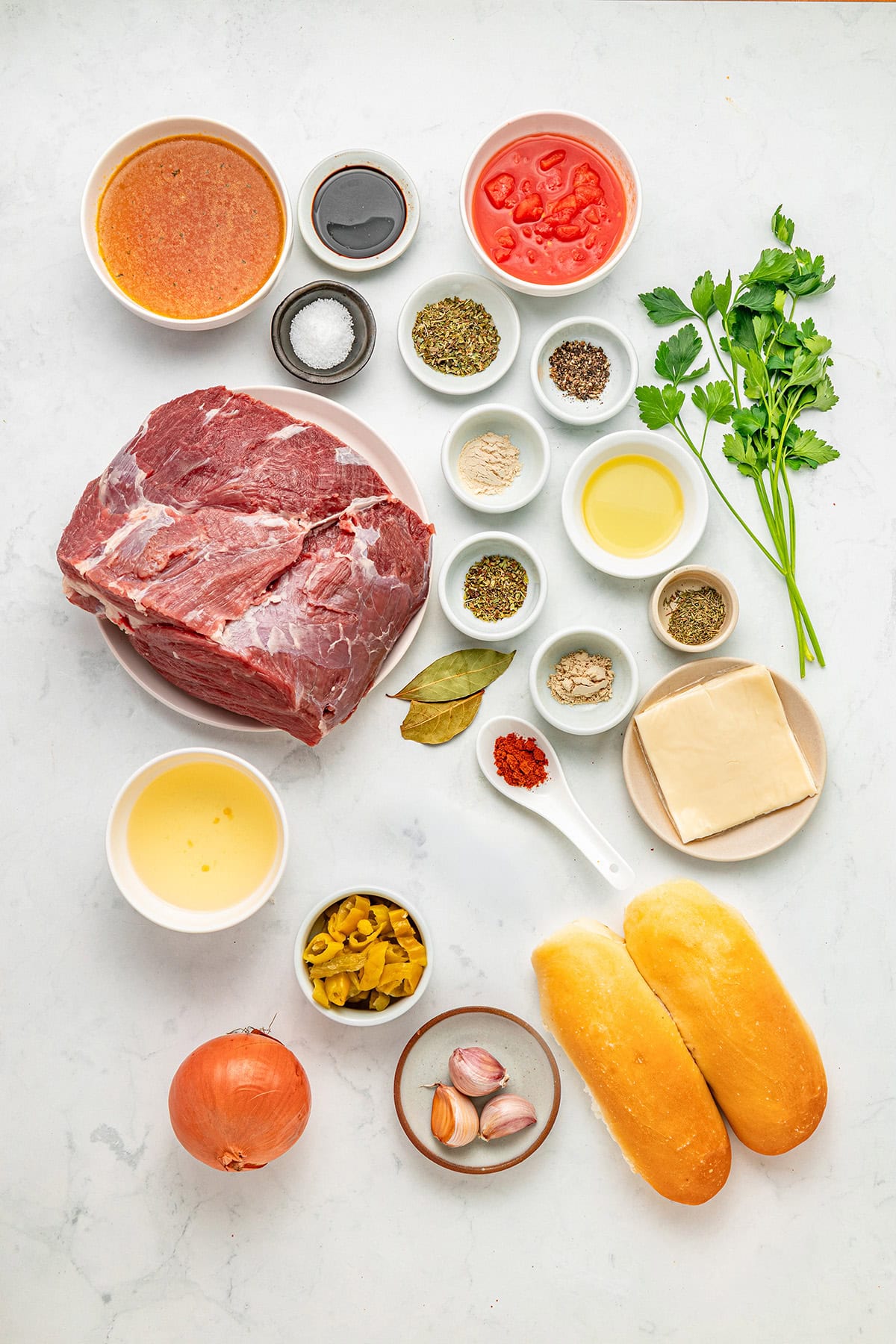 Italian beef sandwich ingredients.