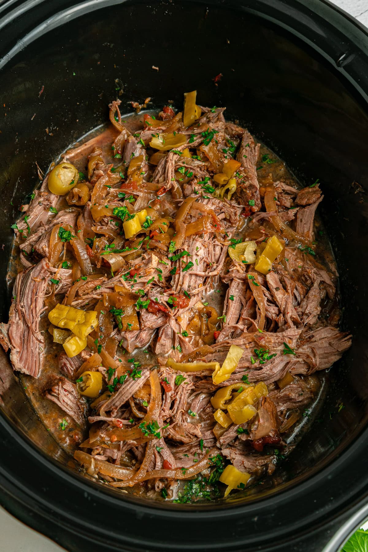 Overhead look into the slow cooker. 