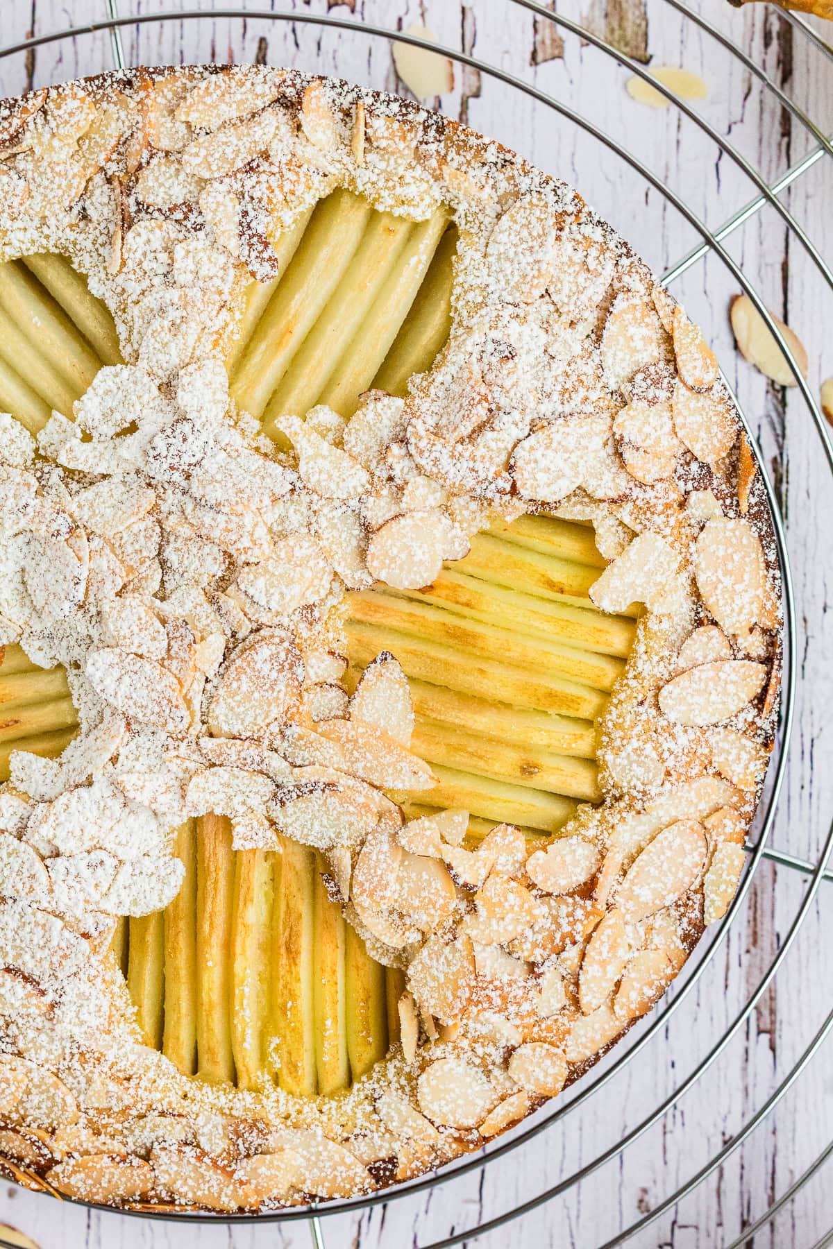 Overhead of Pear Cake with Almonds.