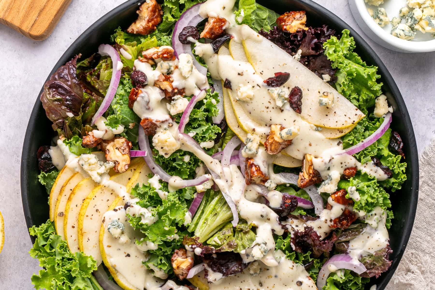 Overhead of salad in a bowl.