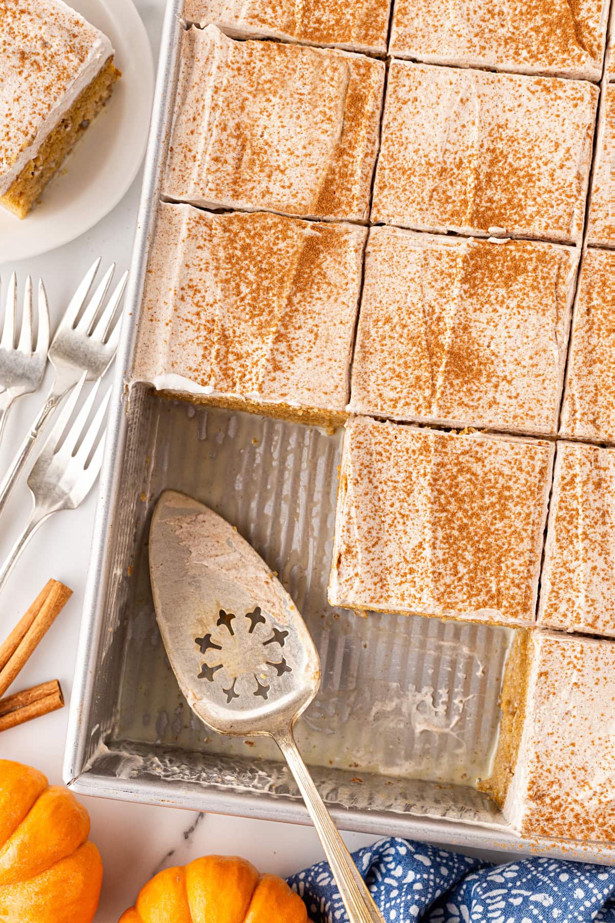 Some cake squares removed from pan.