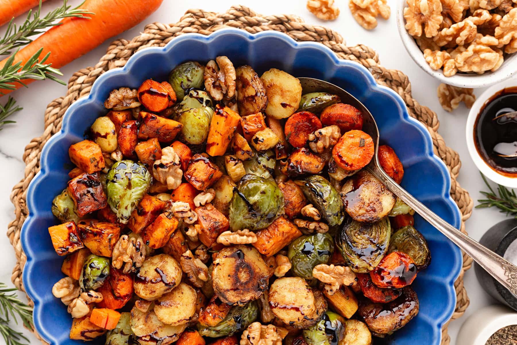 Overhead horizontal of Roasted Fall Vegetable in a bowl.