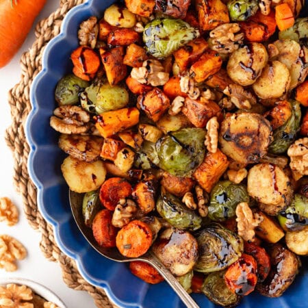 Overhead bowl of Roasted Fall Vegetables.