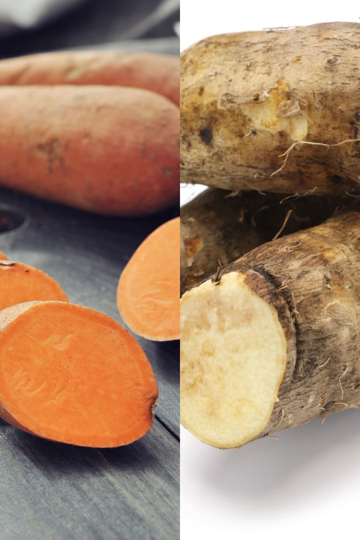 Collage of a sweet potato and a yam.