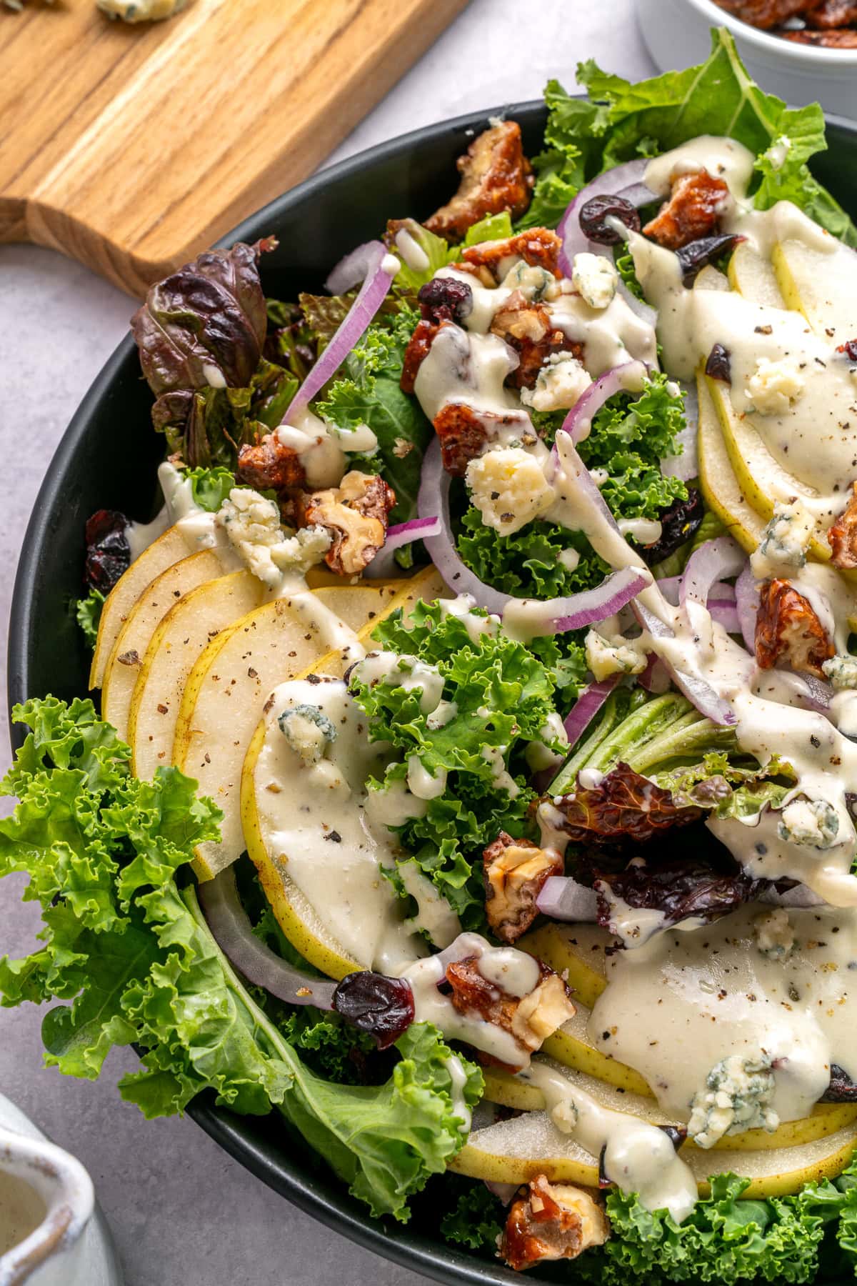 Close-up on pear and walnut salad.